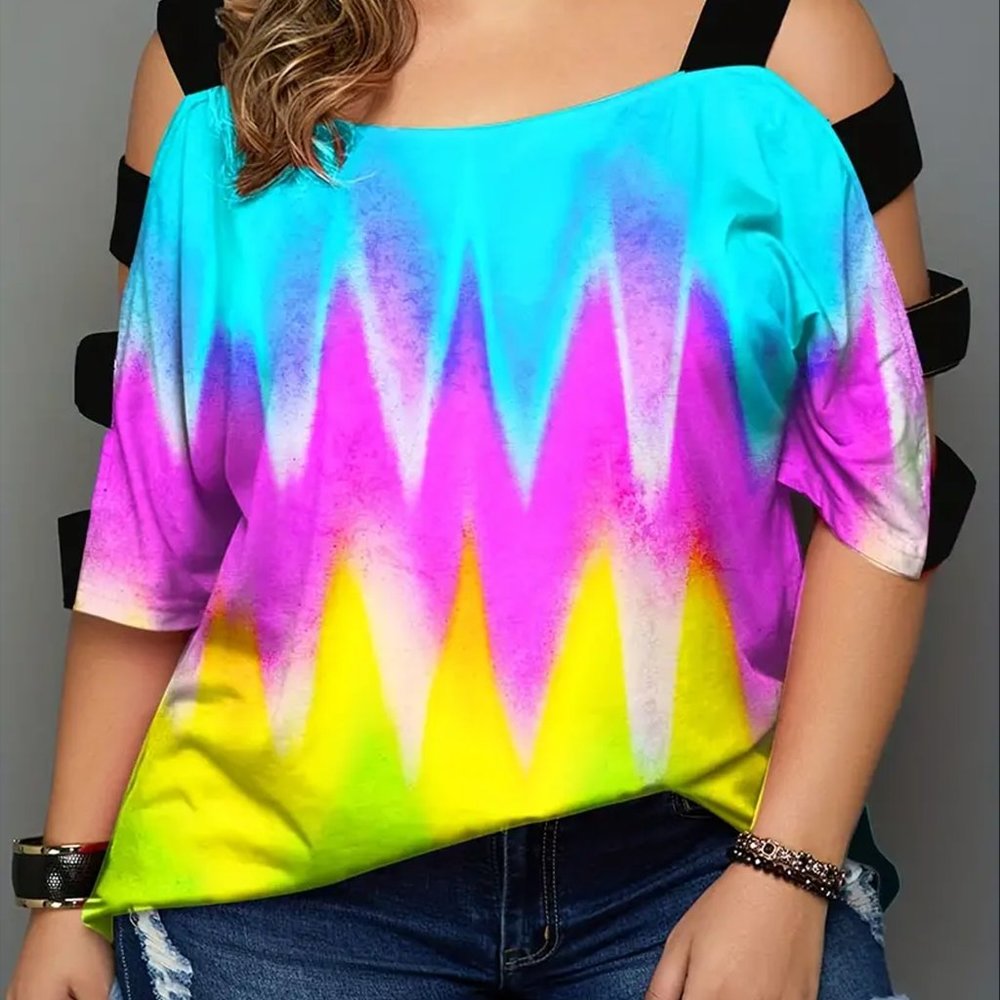 Women's Plus Ombre Print Cut Out Sleeve Round Neck T-shirt 4X (US 20)